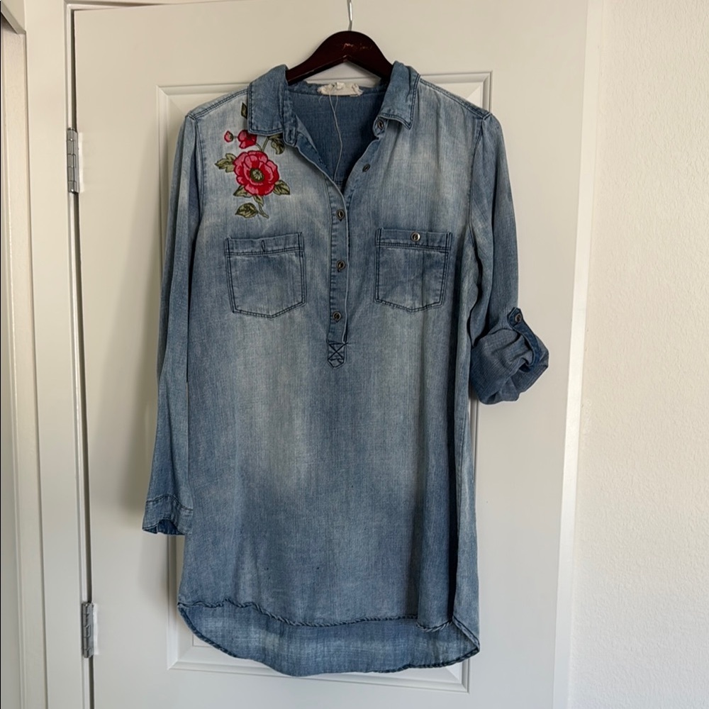 Denim Tunic with Floral Embroidery